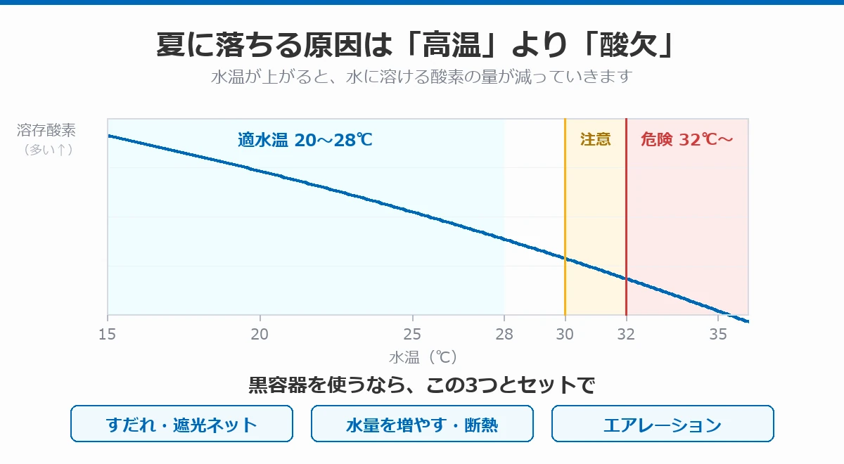 水温と溶存酸素の関係、および黒容器使用時の高水温対策を示した図