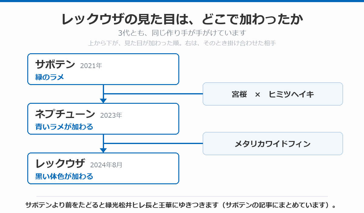 レックウザの見た目がどこで加わったかを示した図。2021年のサボテンで緑のラメ、2023年のネプチューンで青いラメ、2024年8月のレックウザで黒い体色が加わったことを、掛け合わせた相手とあわせて示している