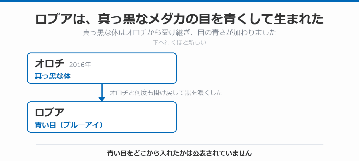 ロブアの血統図。真っ黒な体を持つオロチ(2016年)と何度も掛け戻して黒を濃くしながら、青い目(ブルーアイ)が加わったロブアが生まれた流れを、上から下へ矢印で示している。青い目をどこから入れたかは公表されていない